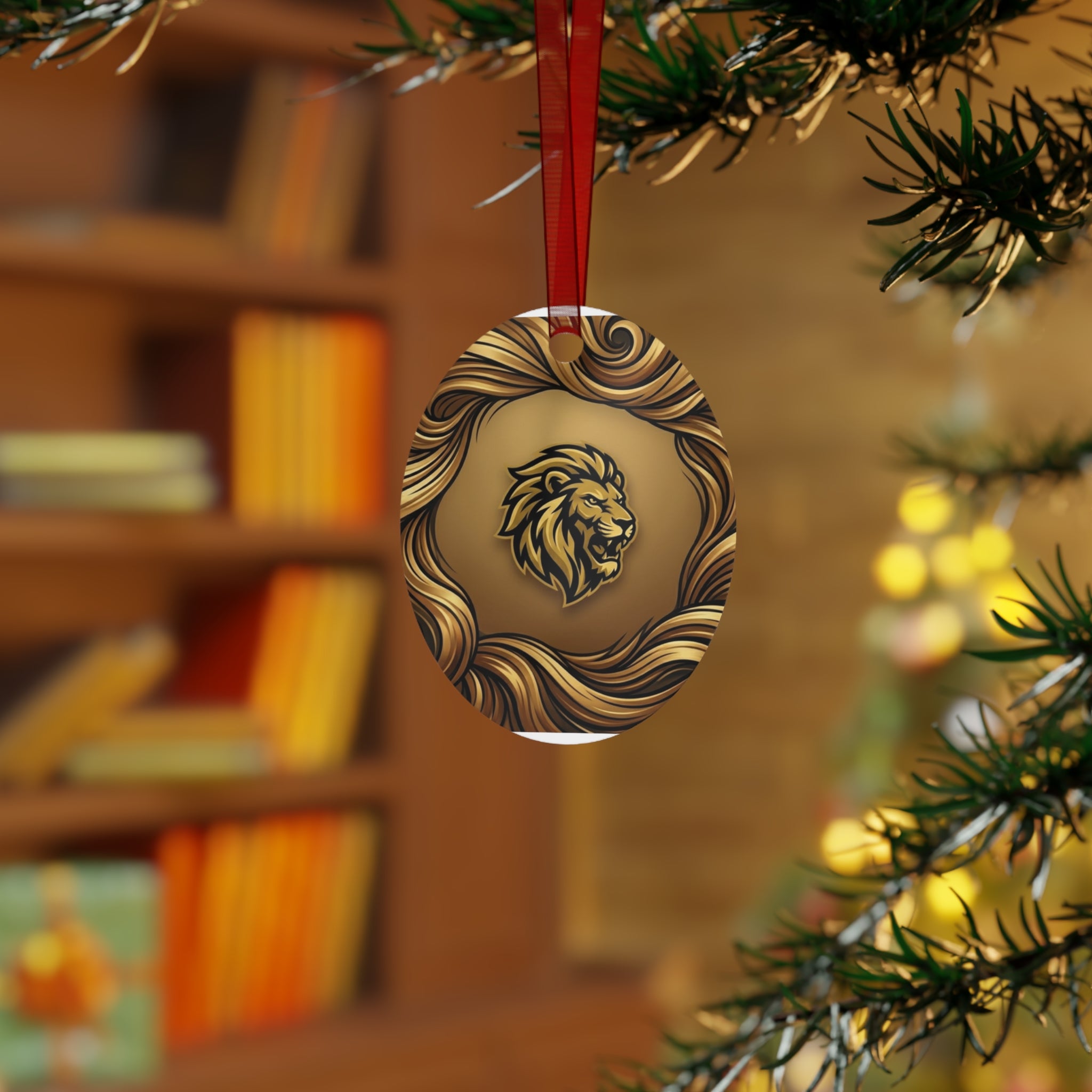 Lion Crest Metal Ornament — Gold Lion Holiday Ornament for Home & Tree