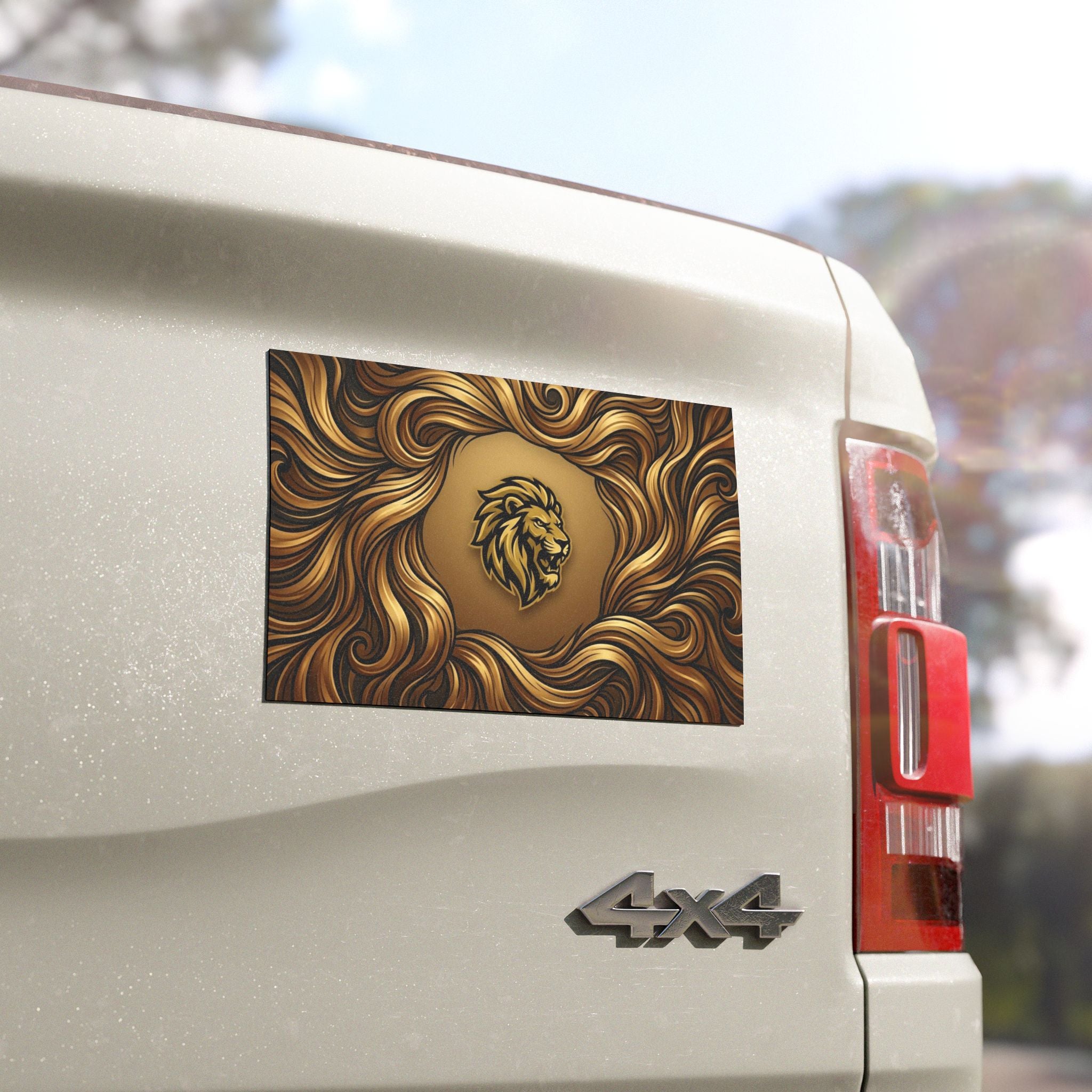 Lion Mane Car Magnet — Gold Heraldic Lion Ribbon Automotive Decal